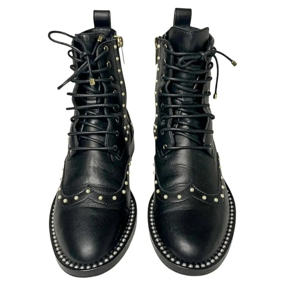 Jimmy Choo Hannah Faux Pearl-embellished Leather Motto Combat Ankle Boot EU 36.5